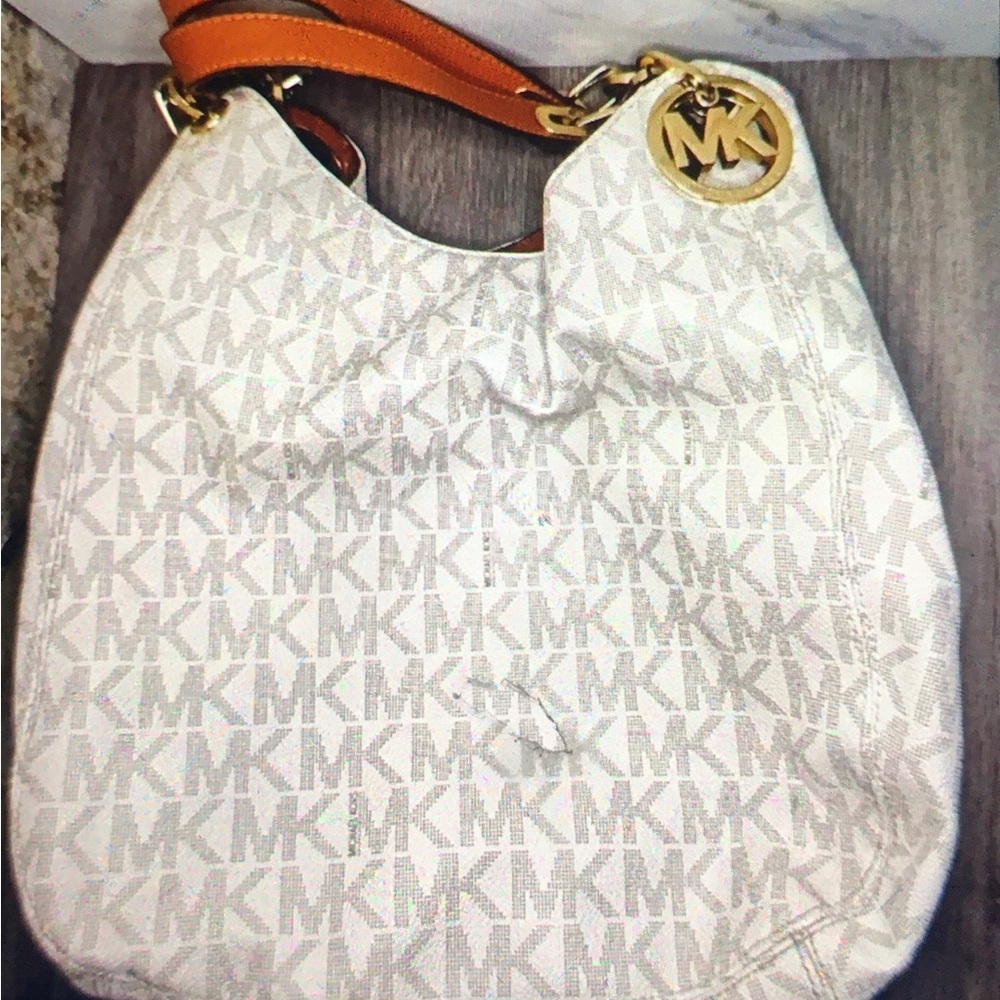 Michael Kors White Logo Hobo Bag with Tan Strap. Used